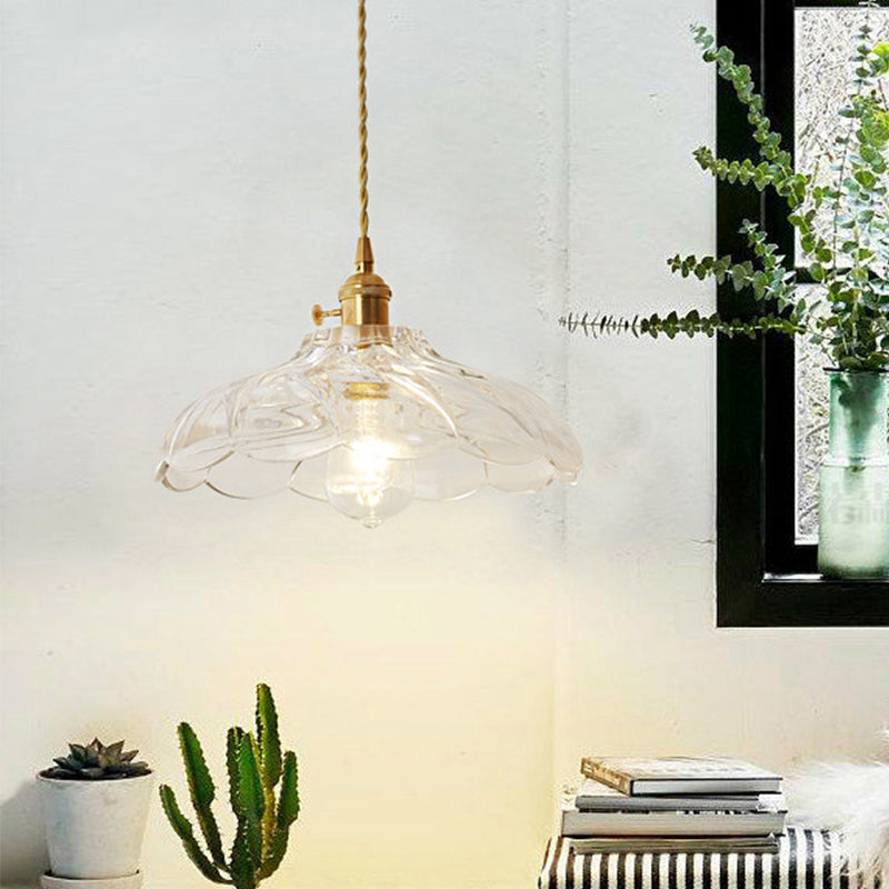 Gold Post-Modern Pendant Hanging Lamp Kit With 1 Head Floral/Bowl/Cone Design And Frosted/Clear