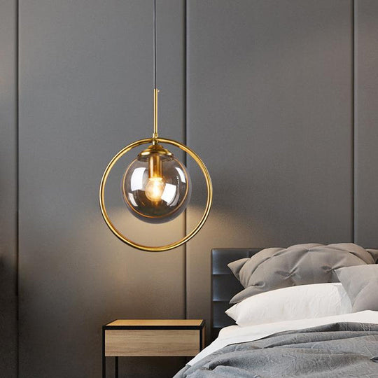 Postmodern Glass Pendant Light With Globe Down Lighting And Brass Ring For Bedroom Smoke Gray