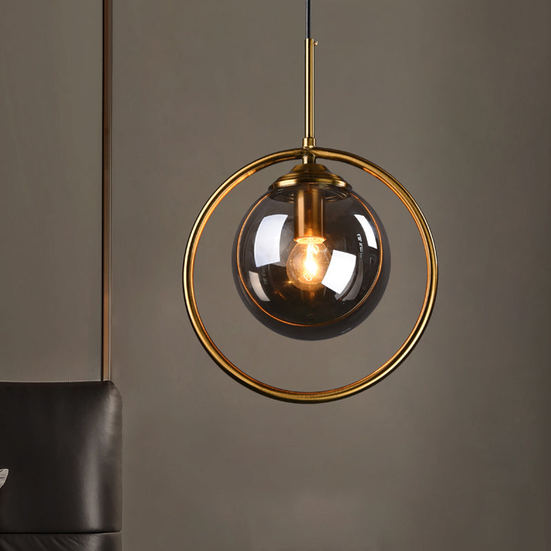 Postmodern Glass Pendant Light With Brass Ring For Bedroom - Single-Bulb Globe Down Lighting In
