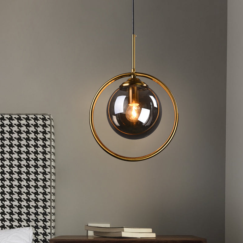 Postmodern Glass Pendant Light With Brass Ring For Bedroom - Single-Bulb Globe Down Lighting In