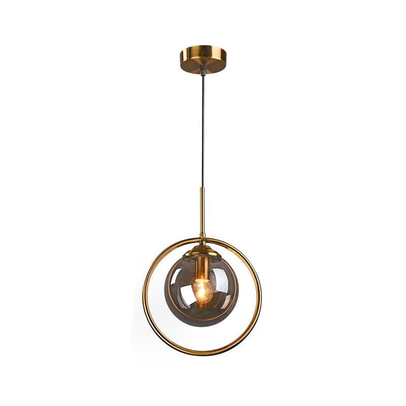 Postmodern Glass Pendant Light With Globe Down Lighting And Brass Ring For Bedroom