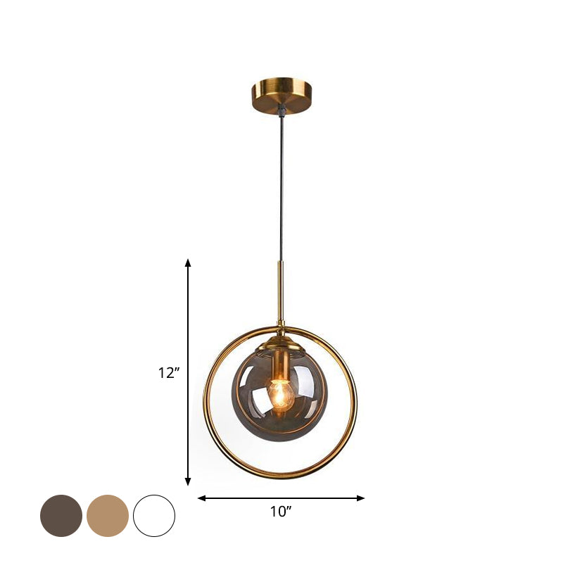 Postmodern Glass Pendant Light With Brass Ring For Bedroom - Single-Bulb Globe Down Lighting In