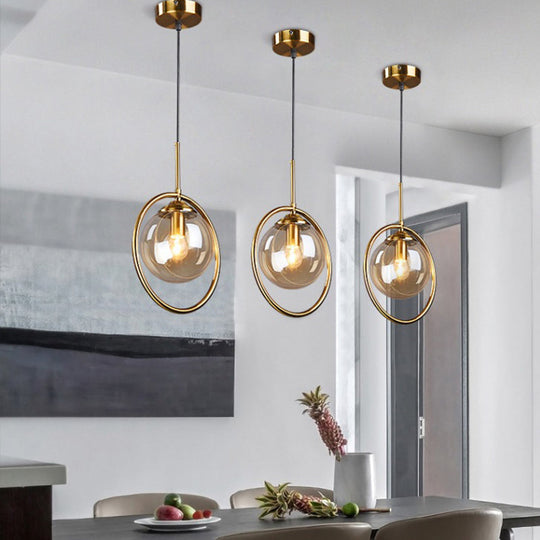 Postmodern Glass Pendant Light With Brass Ring For Bedroom - Single-Bulb Globe Down Lighting In