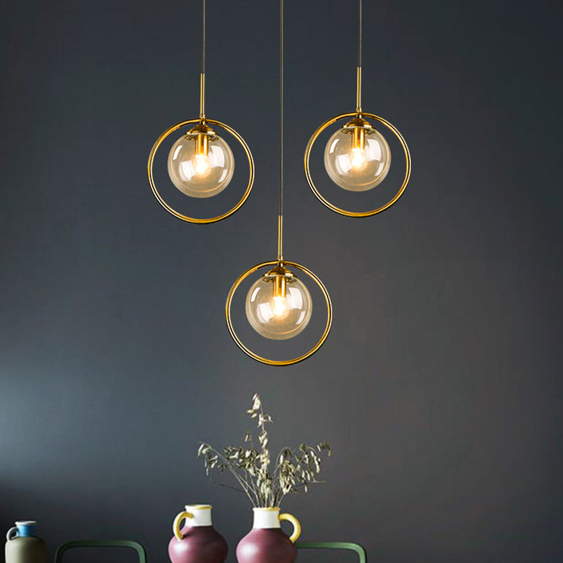 Postmodern Glass Pendant Light With Brass Ring For Bedroom - Single-Bulb Globe Down Lighting In