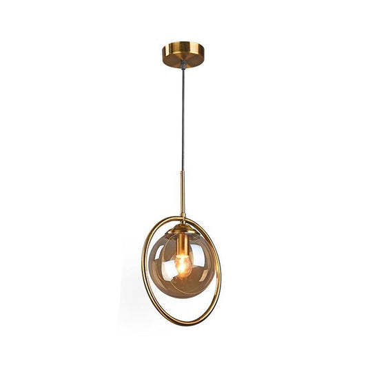 Postmodern Glass Pendant Light With Globe Down Lighting And Brass Ring For Bedroom