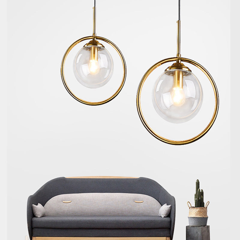 Postmodern Glass Pendant Light With Brass Ring For Bedroom - Single-Bulb Globe Down Lighting In