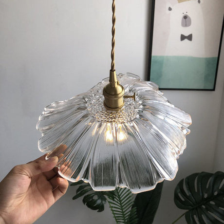 Modern Purple/Clear Glass Flower Pendant Lamp - 1-Light Brass Dining Table Lighting Fixture