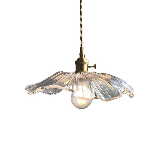 Modern Purple/Clear Glass Flower Pendant Lamp - 1 Light Brass Suspended Dining Table Fixture