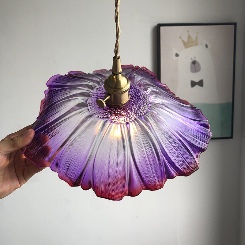 Modern Purple/Clear Glass Flower Pendant Lamp - 1 Light Brass Suspended Dining Table Fixture