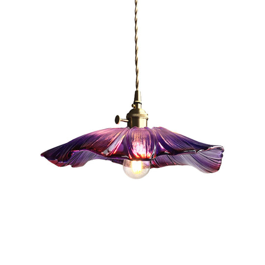 Modern Purple/Clear Glass Flower Pendant Lamp - 1-Light Brass Dining Table Lighting Fixture