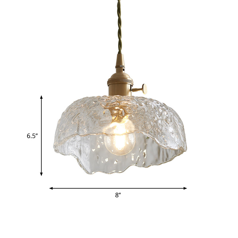 Clear Textured Glass Pendant Light With Brass Floral Rim