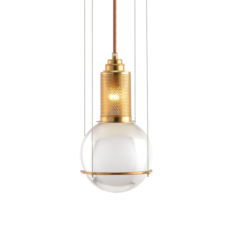 Postmodern Clear Glass Ball Pendant Ceiling Light With Gold Mesh Top - Single Hanging Lamp Kit
