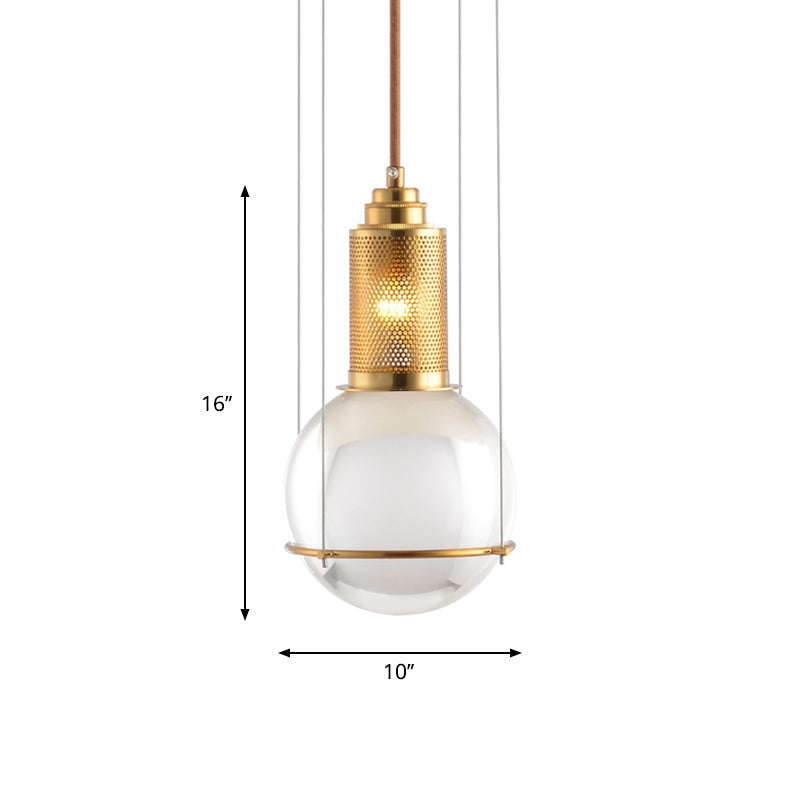 Postmodern Clear Glass Ball Pendant Ceiling Light With Gold Mesh Top - Single Hanging Lamp Kit