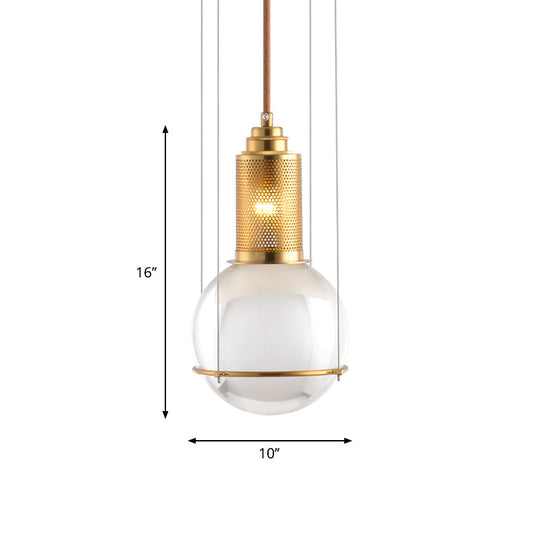 Postmodern Clear Glass Ball Pendant Ceiling Light With Gold Mesh Top - Single Hanging Lamp Kit