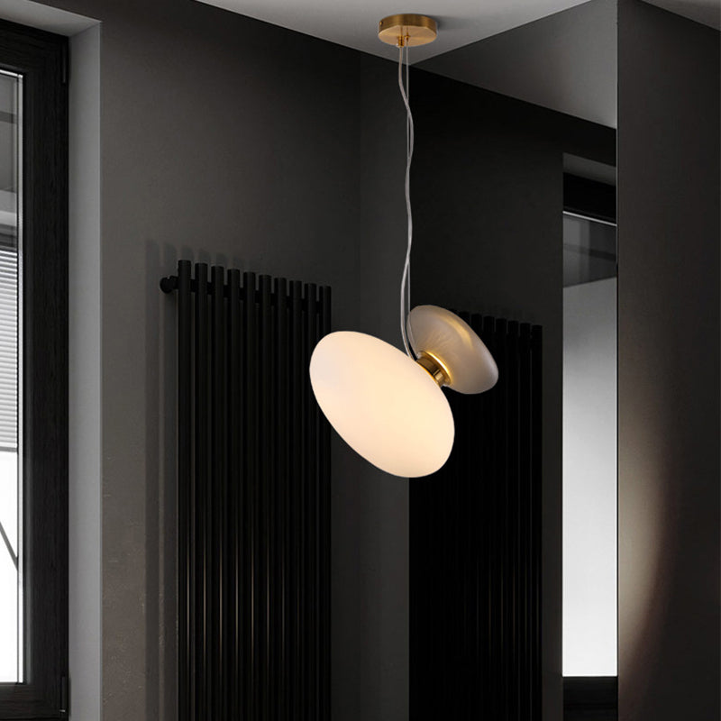 Modern Brass Pendant Light With Glass Shade - Set Of 2 Bulbs Pebble Accent In Light-Blue/Cream