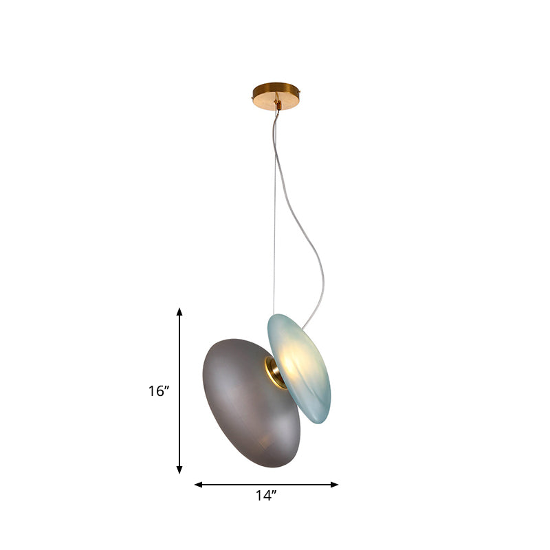 Dining Room Pendant Light - Post-Modern Brass Suspension Lighting With Blue/Cream Glass Shade Set