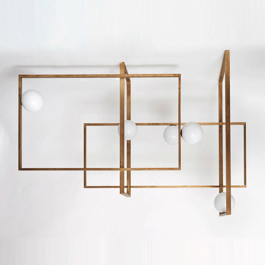 Postmodern Interlocking 5-Head Semi Flush Gold Ceiling Lamp With Orb Glass Shade