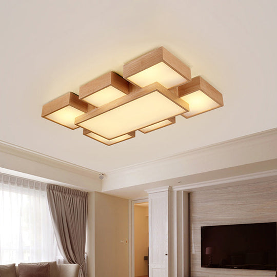 Modern Led Wooden Ceiling Mounted Lamp - Beige Square/Rectangle Flush Light 22/31.5/42 Wide