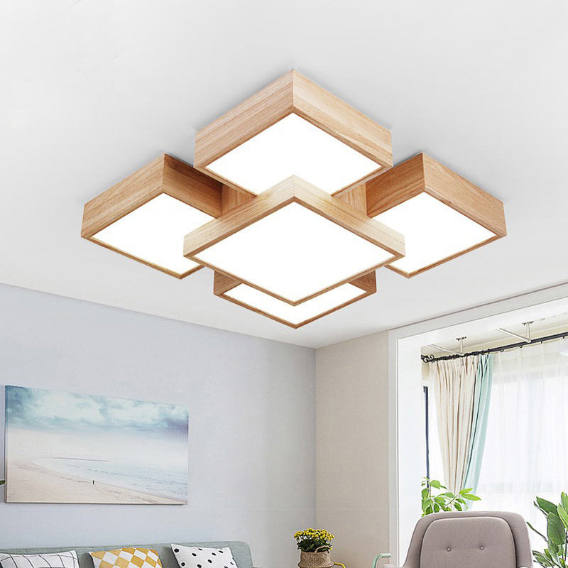 Modern Led Wooden Ceiling Mounted Lamp - Beige Square/Rectangle Flush Light 22/31.5/42 Wide