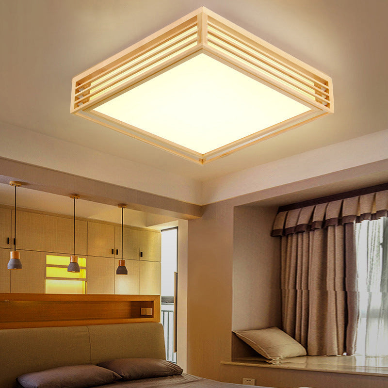 Square Acrylic Flush Ceiling Light - Asian Beige Led Fixture In Warm/White With Wood Frame