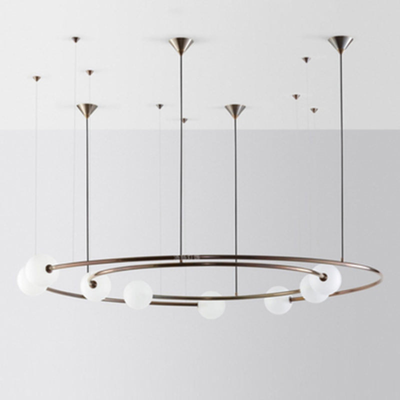 Brass Ringed Glass Chandelier - Postmodern Cream Orb 8-Bulb Light Fixture For Kitchen Bar