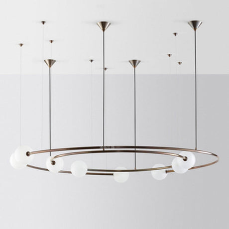 Postmodern Brass Ringed Hanging Light Fixture: 8-Bulb Cream Orb Glass Chandelier For Kitchen Bar