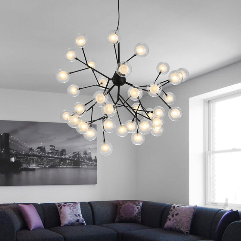 Modernist 36-Light Black Firefly Chandelier - Clear And Frosted Glass Pendant Light For Parlor