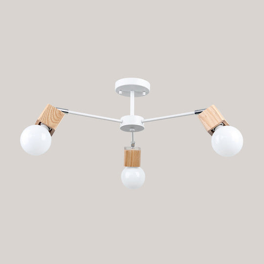 Semi-Flush Open Bulb Ceiling Light With Square Loft Style Design - 3/5 Heads Wood Metallic Mount