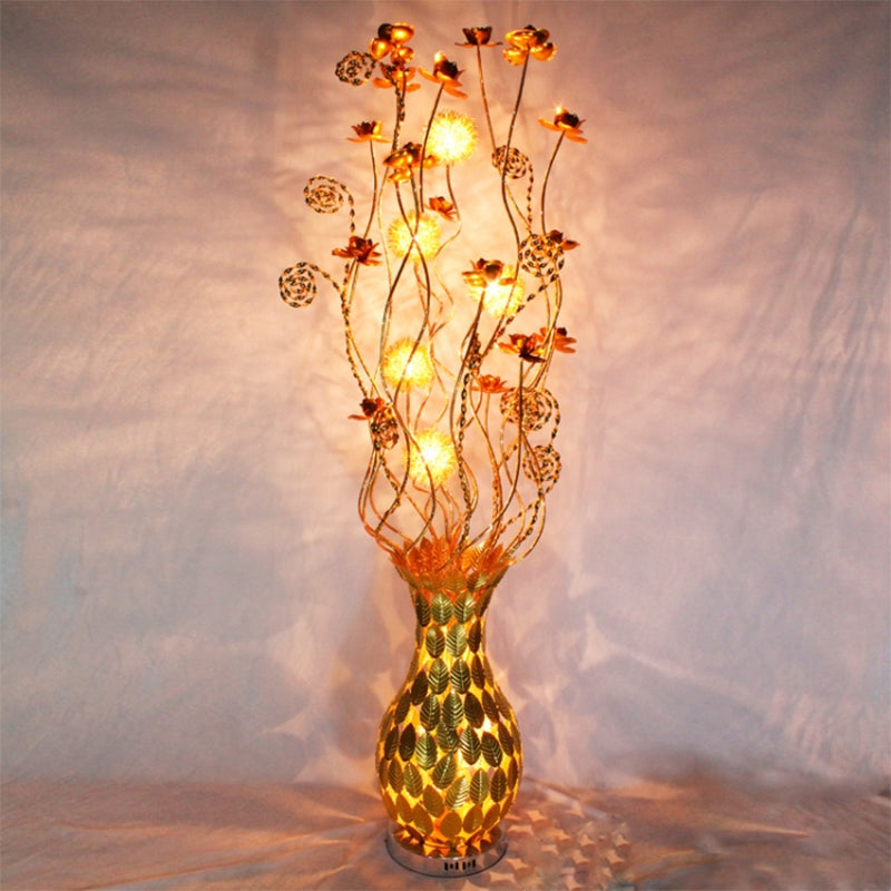 Gold Metal Curvy Urn Shape Bedside Lamp With Floral Design Led Floor Lighting