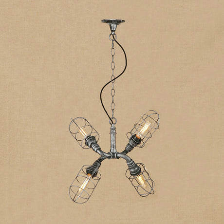 Coastal Style 4-Light Caged Hanging Chandelier Pendant In Bronze/Antique Silver Wrought Iron Aged