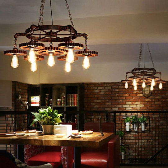 Antique Bronze Wood Carved Gear Chandelier: Loft-Style Pendant Lamp With 1/3/7-Bulb Bistro Down