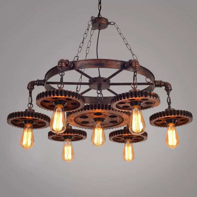 Antique Bronze Wood Carved Gear Chandelier: Loft-Style Pendant Lamp With 1/3/7-Bulb Bistro Down