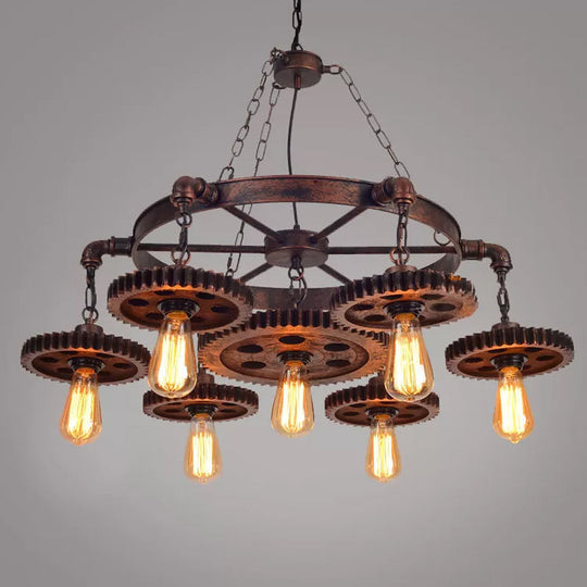 Antique Bronze Wood Carved Gear Chandelier: Loft-Style Pendant Lamp With 1/3/7-Bulb Bistro Down
