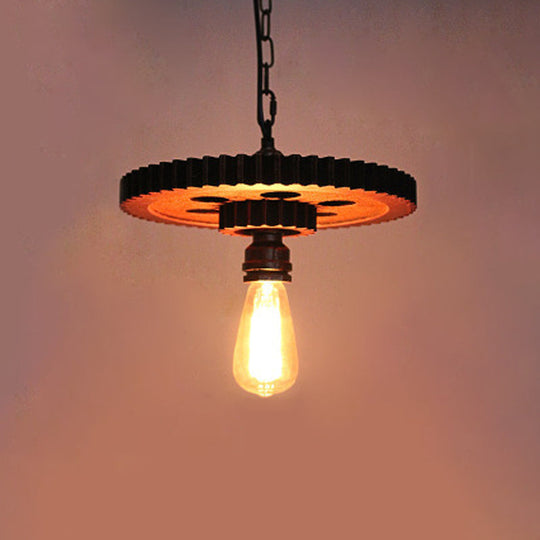 Antique Bronze Wood Carved Gear Chandelier: Loft-Style Pendant Lamp With 1/3/7-Bulb Bistro Down