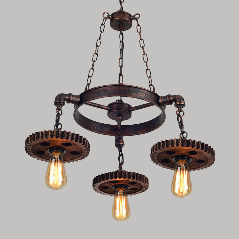 Antique Bronze Wood Carved Gear Chandelier: Loft-Style Pendant Lamp With 1/3/7-Bulb Bistro Down