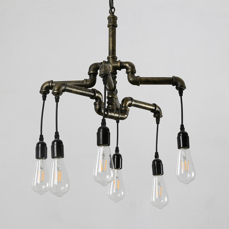 Industrial Iron 2-Layer Water Pipe Chandelier With Bronze Finish - 4/6 Heads Dining Room Ceiling