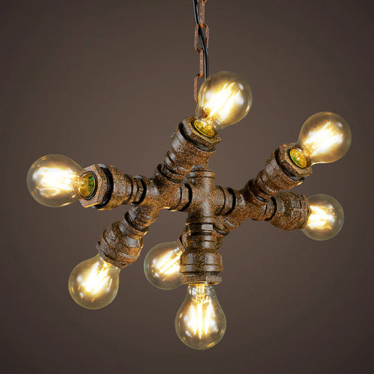 Rustic Iron Chandelier - 7-Light Warehouse Water Pipe Hanging Lamp For Bistro Lighting