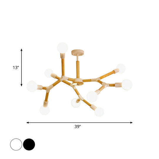 Modern Wooden Molecular Chandelier With Bare Bulbs - 3/6/9 Lights Black/White Ceiling Hang Lamp