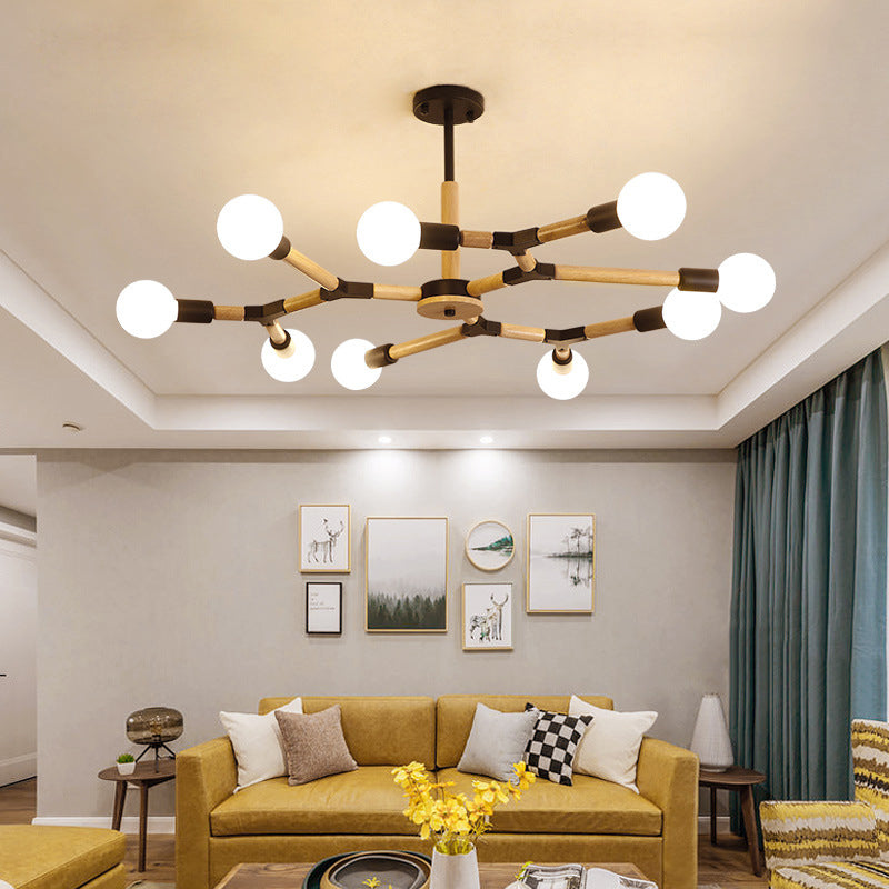 Modern Wooden Molecular Chandelier With Bare Bulbs - 3/6/9 Lights Black/White Ceiling Hang Lamp 9 /