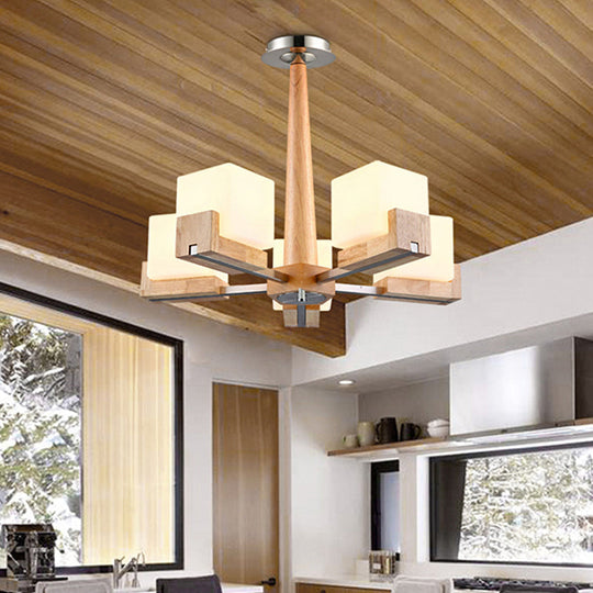 Nordic Acrylic Chandelier Pendant Lamp With Wood Chain Hang/Flushmount For Dining Room - 3/5/8 Heads