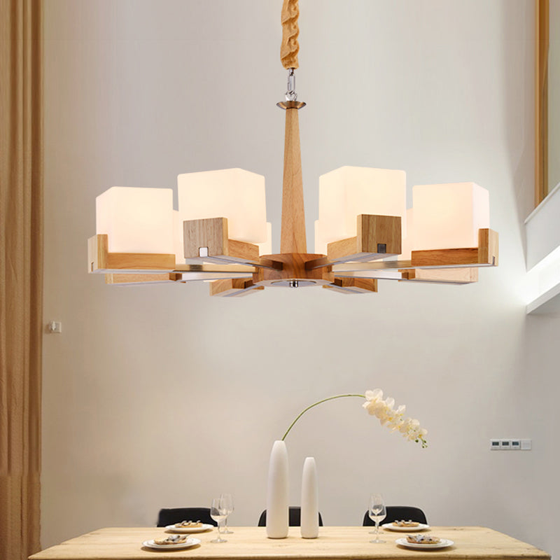 Modern Wood Cube Chandelier With Multiple Bulbs For Bedroom