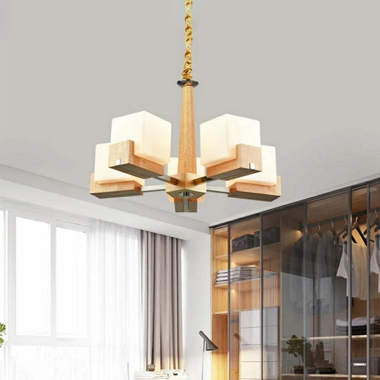 Modern Wood Cube Chandelier With Multiple Bulbs For Bedroom