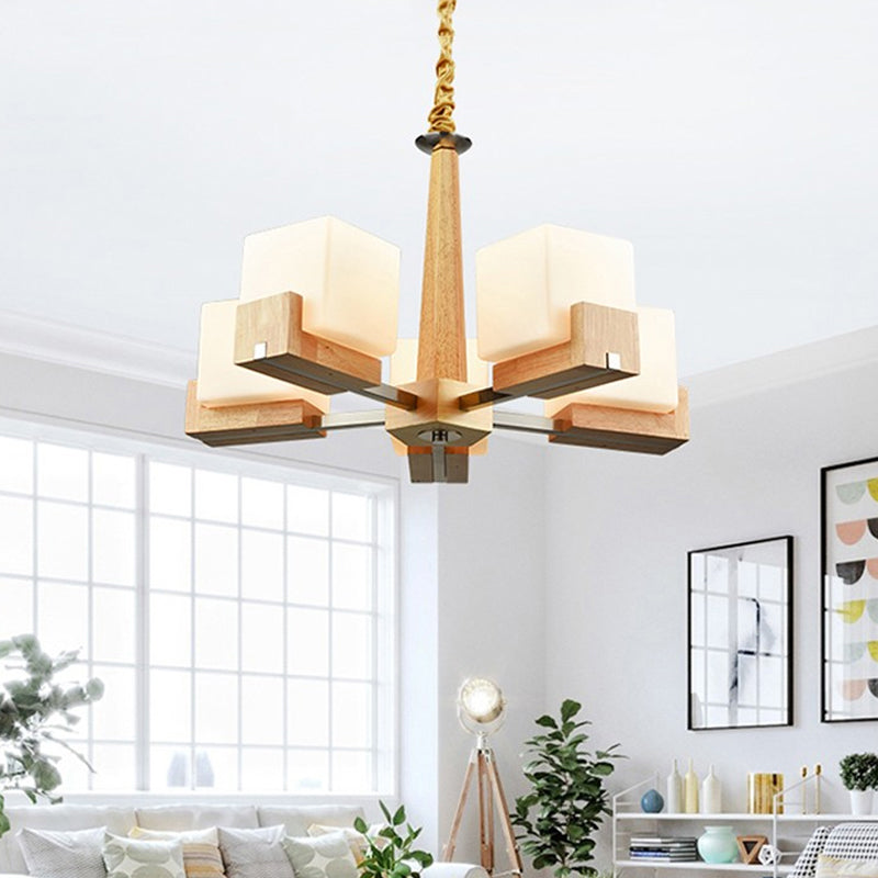 Modern Wood Cube Chandelier With Multiple Bulbs For Bedroom