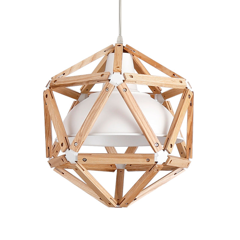 Modern Wood Geometric Kitchen Hanging Light With Metal Shade - 1-Light Pendant In Light/Dark Brown