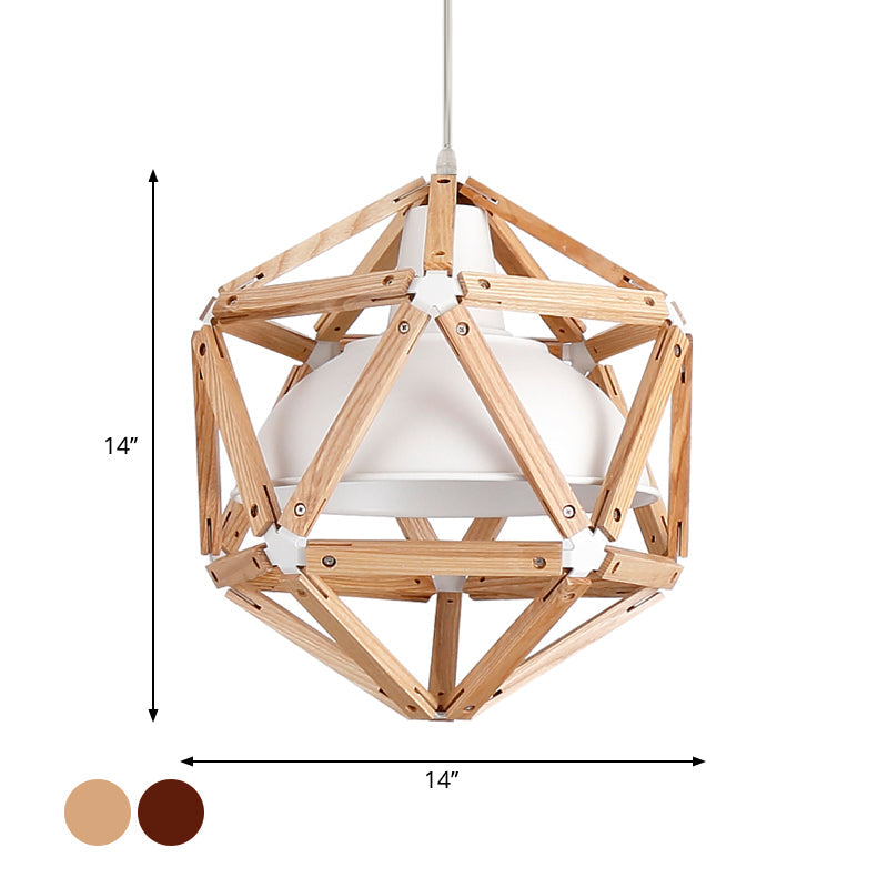 Modern Wood Geometric Kitchen Hanging Light With Metal Shade - 1-Light Pendant In Light/Dark Brown