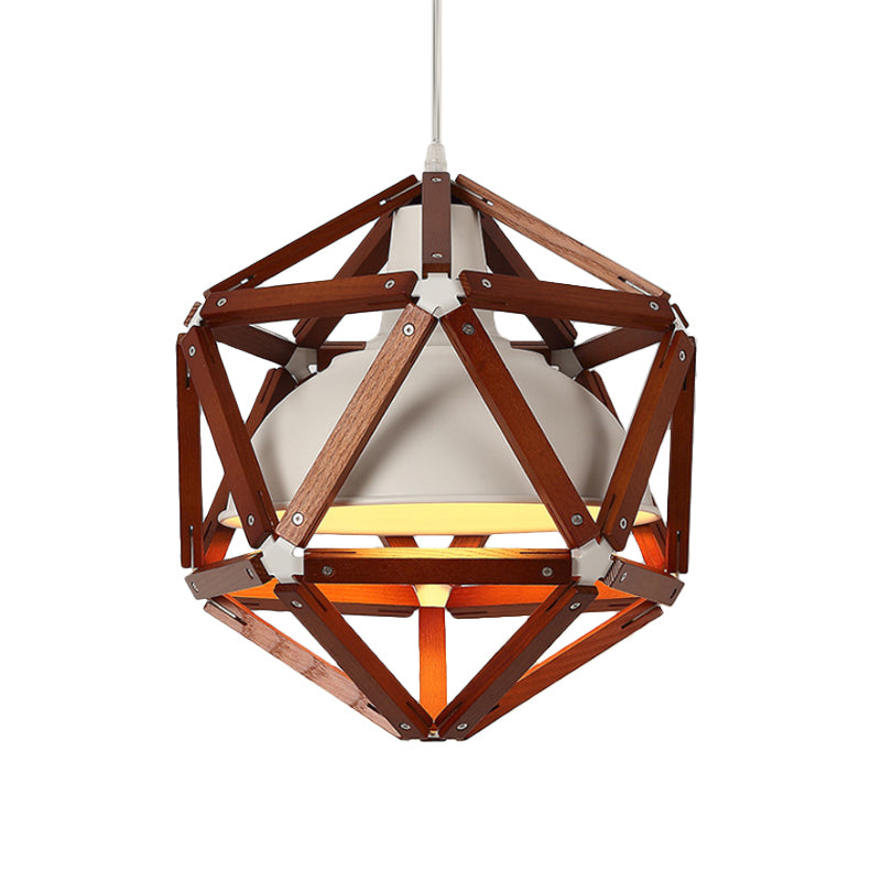 Modern Wood Geometric Kitchen Hanging Light With Metal Shade - 1-Light Pendant In Light/Dark Brown