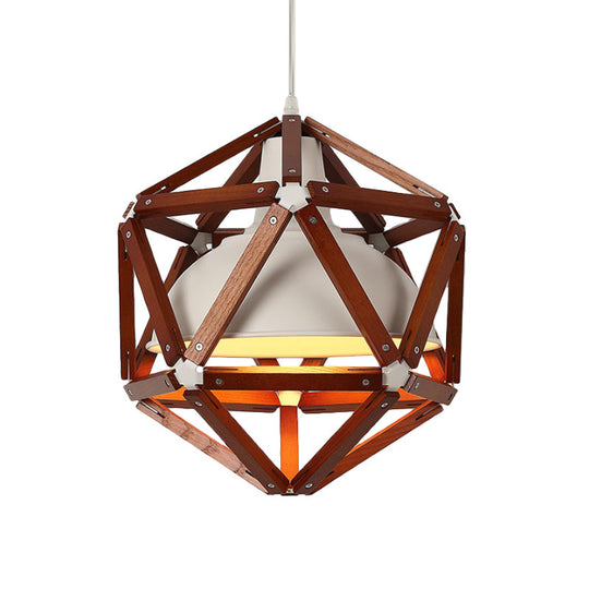 Modern Wood Geometric Kitchen Hanging Light With Metal Shade - 1-Light Pendant In Light/Dark Brown
