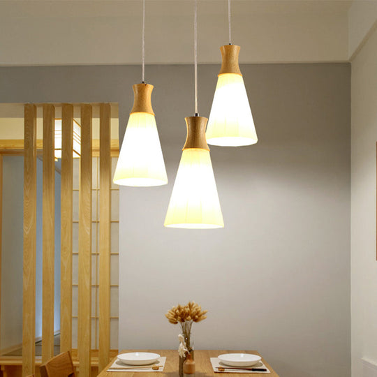 Nordic Milky Glass Cone Pendant Light - Wood Suspension Lamp With Round/Linear Canopy