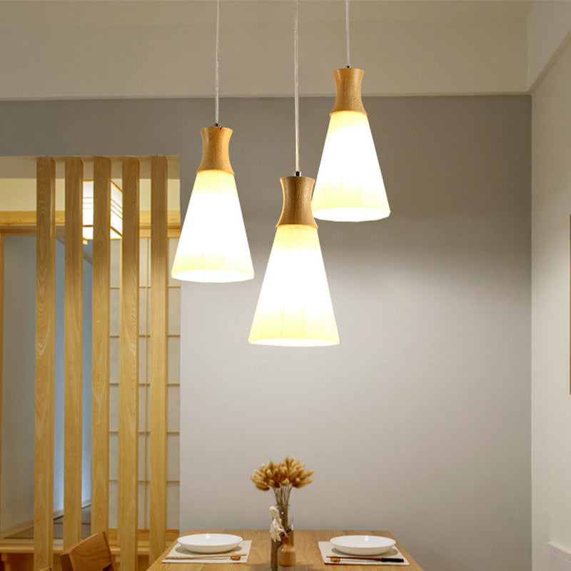 Milky Glass Cone Pendant Light With Wood Suspension And Linear/Round Canopy