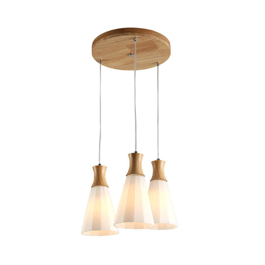 Milky Glass Cone Pendant Light With Wood Suspension And Linear/Round Canopy